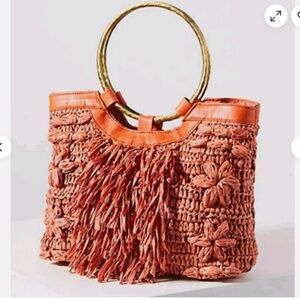 Anthropologie Rosalita woven raffia fringe mini tote bag in terracotta